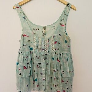 Free People Boho Mint Bird Print Ruffled Tank Top